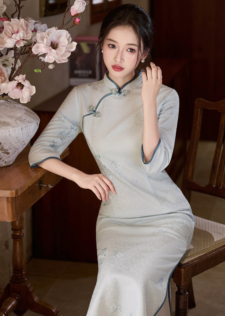 Ice-Blue Jacquard Qipao | 3/4 Sleeve Slim Long Dress