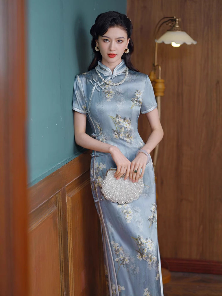 Elegant Silk Cheongsam Dress with Floral Print - Traditional Chinese Qipao