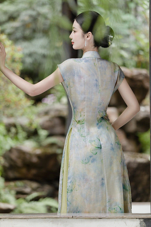 Watercolor New Chinese Style Dress | Short-Sleeve Slim Mandarin Maxi with Side Slit