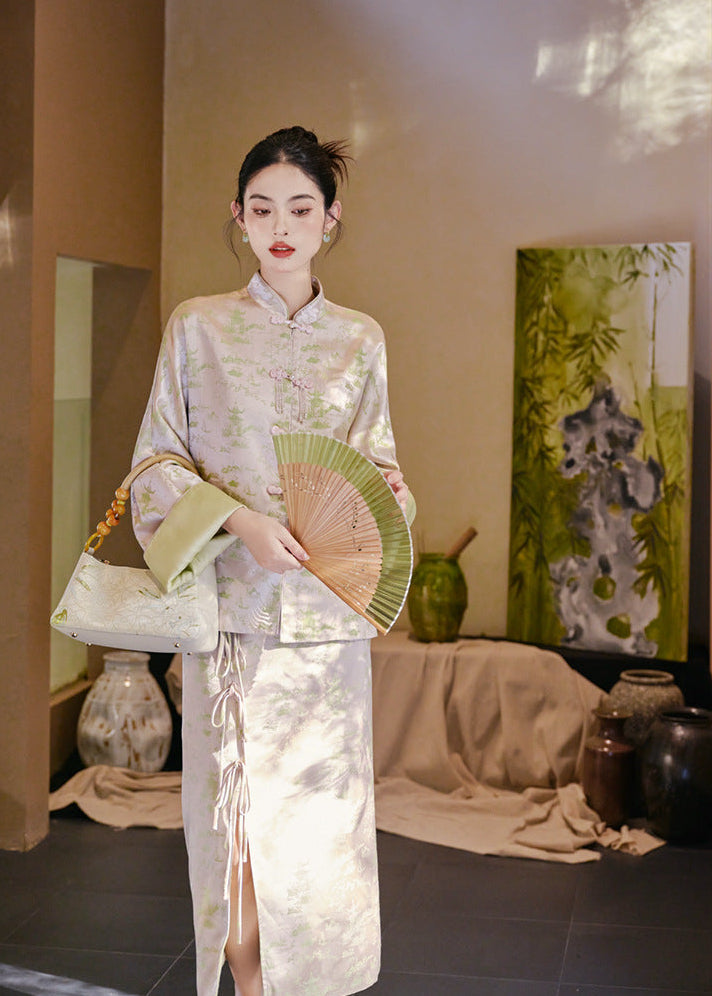 New-Chinese Zen Set | Mandarin Top & Slit Skirt Qipao Co-ord