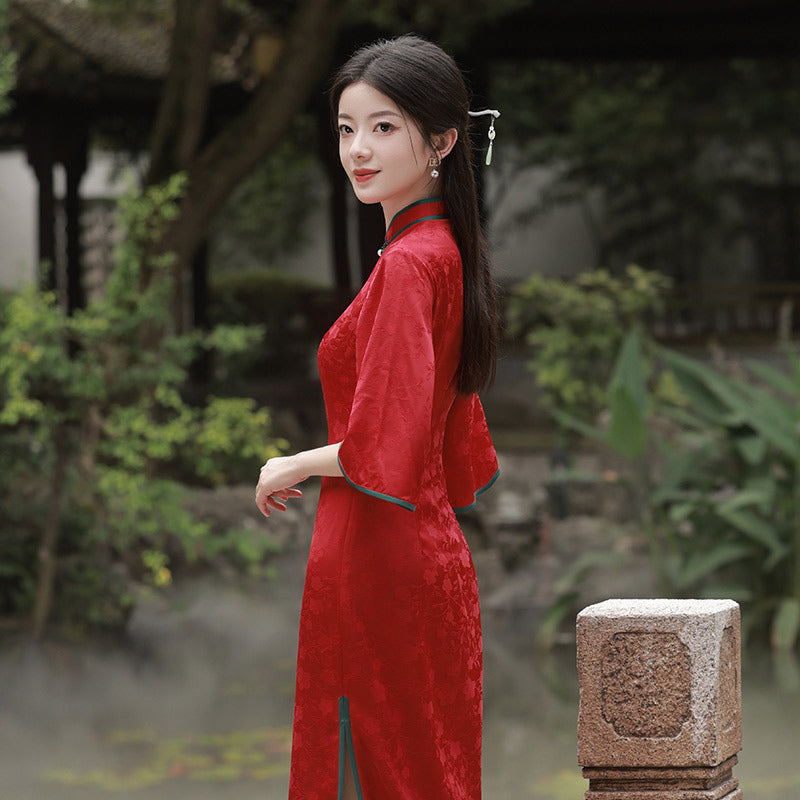 Elegant Red Floral Qipao Dress with Bell Sleeves