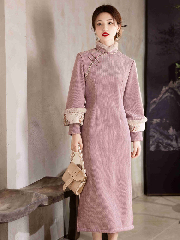 Vintage Chenille Long Sleeve Qipao Dress Winter Warm Midi Cheongsam Hanfu Style