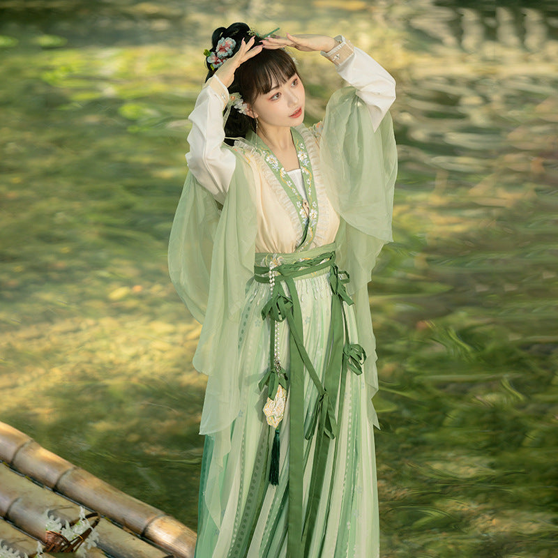 Tang Dynasty Hanfu Dress with Floral Embroidery and Green Ribbon Detail