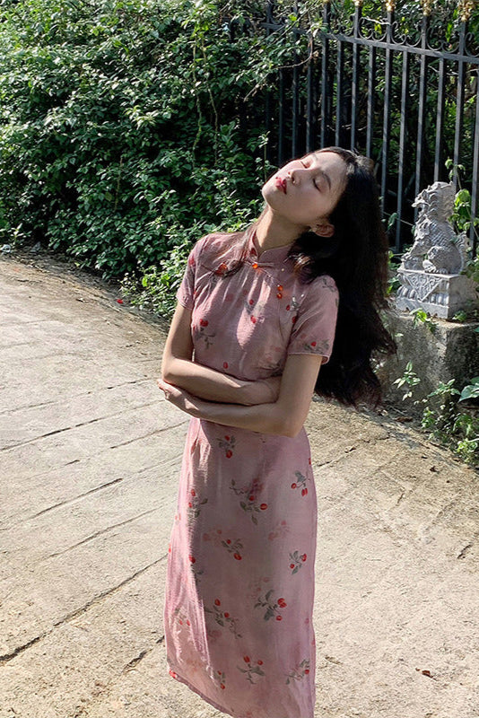Elegant Pink Cherry Blossom Cheongsam Dress with Delicate Button Detailing