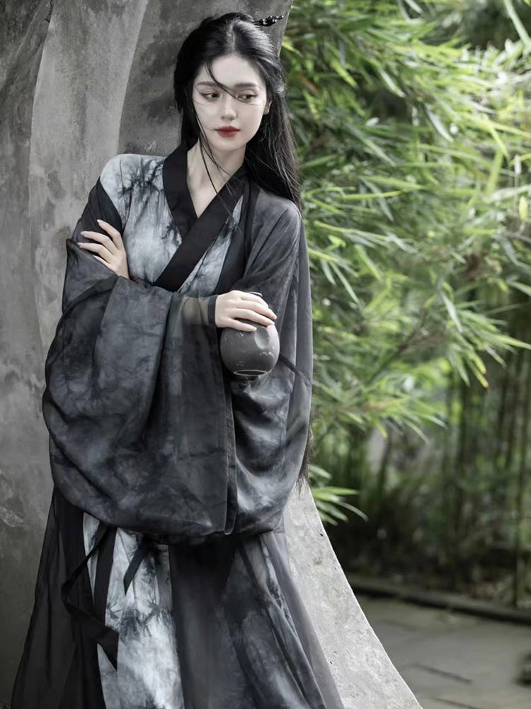 Black Ink Hanfu Robe Set Women’s Wuxia Style Ancient Costume With Flowing Sleeves