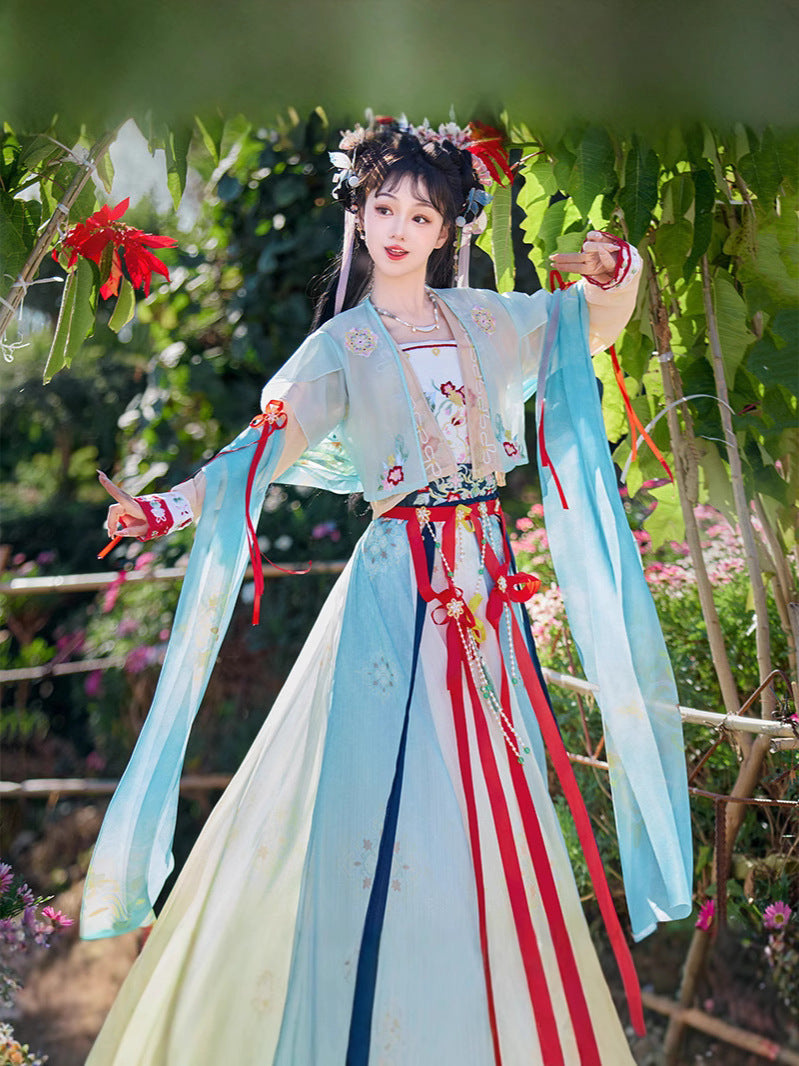 Sheer Shawl Hanfu Set | Embroidered Jacket & Chest-High Skirt