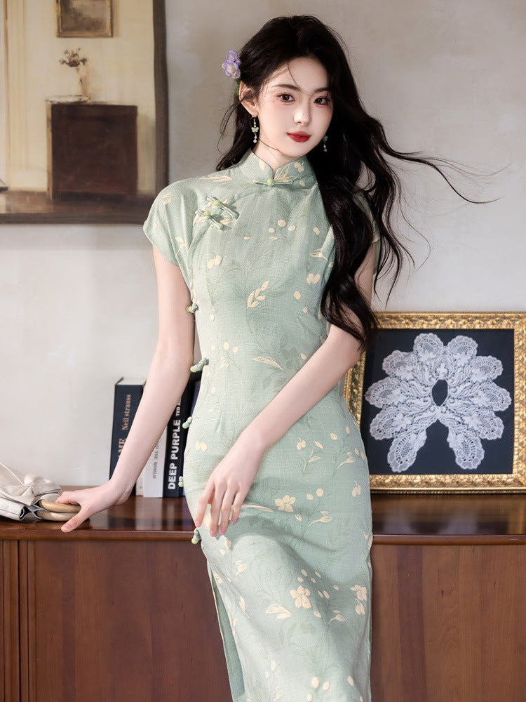 Spring Retro Qipao | Elegant Mandarin Collar Slim Split Dress