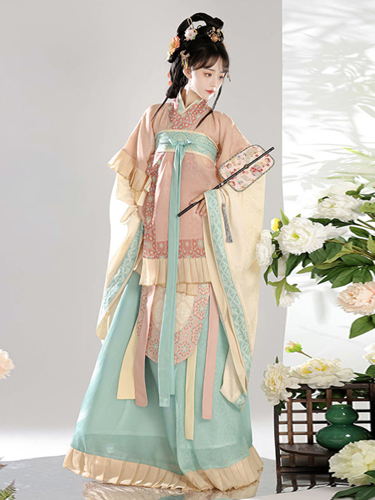 Traditional Hanfu Style Dress - Elegant Multi-layered Green and Pink Floral Gown for Women