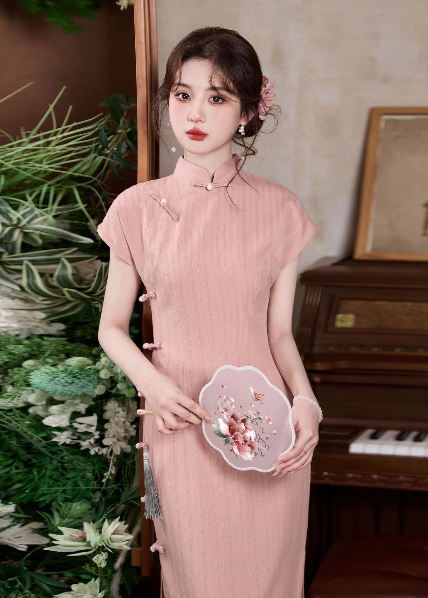 New Chinese Style Vintage Cheongsam Dress | Ribbed Slim Midi Mandarin