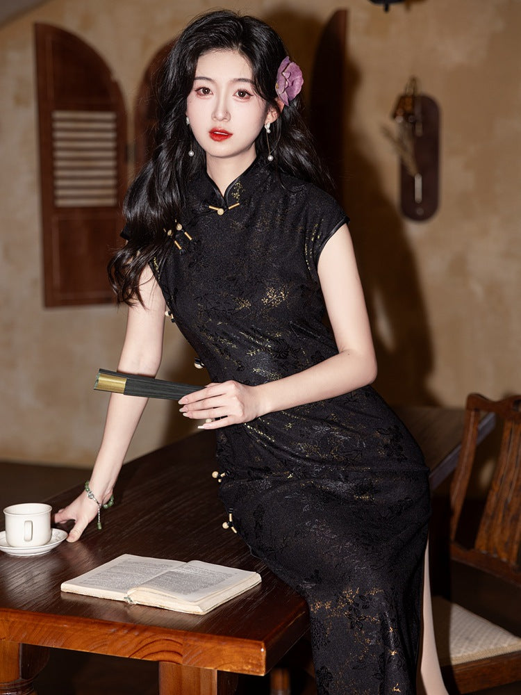 Black Gold Lace Embroidered Vintage Qipao Dress | High Waist Slim Fit Design