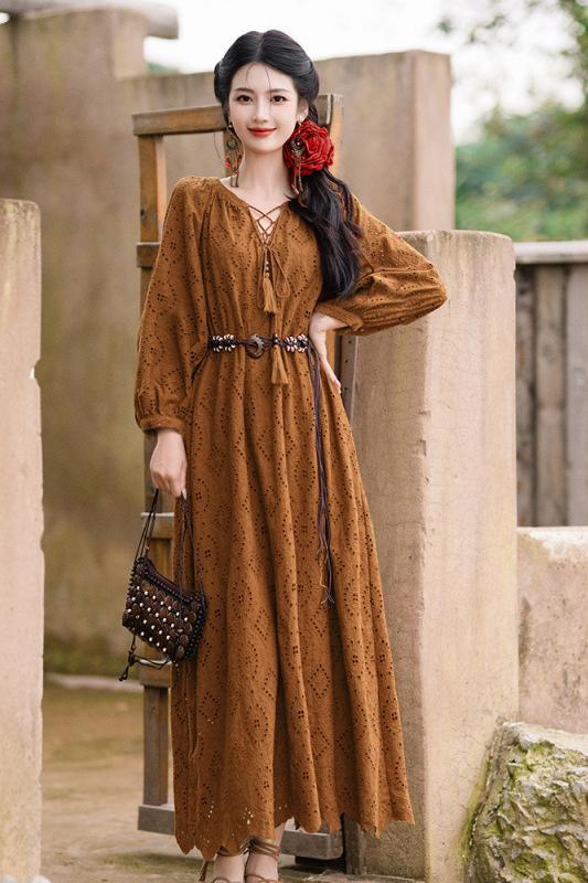 Boho Lace-Up Brown Dress with Long Sleeves