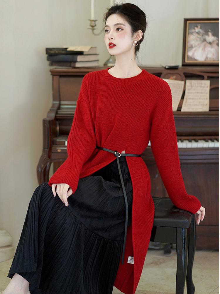 Elegant Red Knit Hanfu Sweater Dress with Belt – Vintage-Inspired Traditional Wear