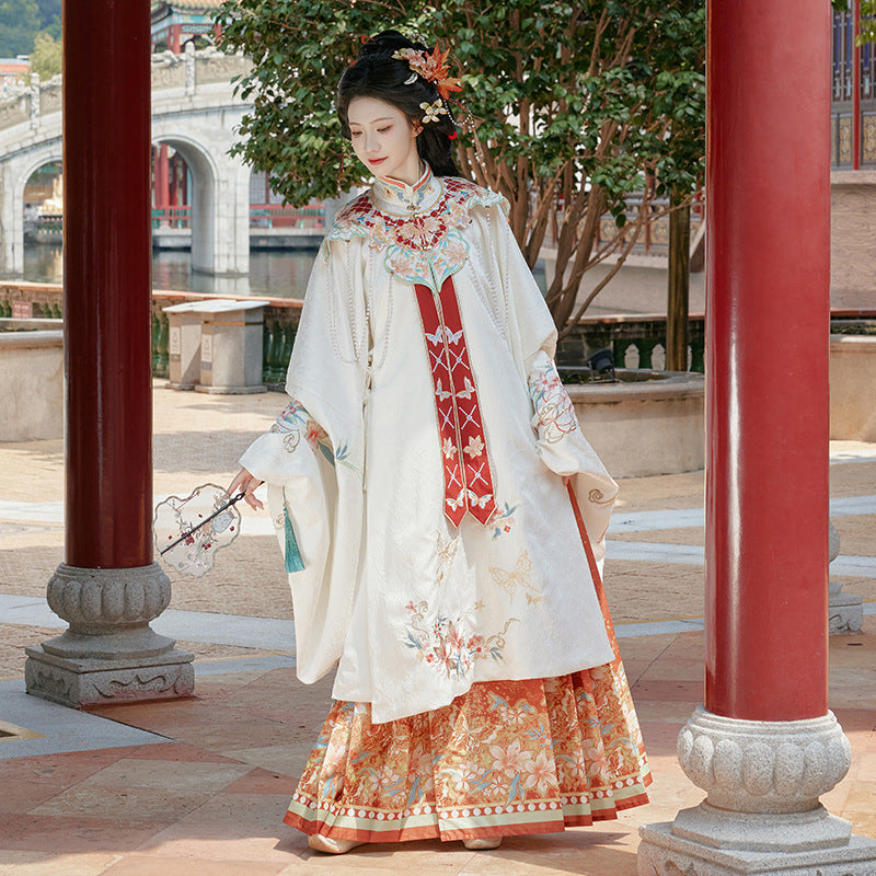 Elegant White Floral Hanfu Dress with Embroidery and Colorful Ribbon