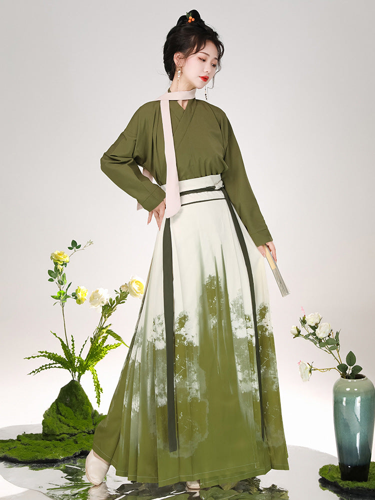 Traditional Chinese Hanfu Dress in Olive Green with Hand-Painted Floral Design