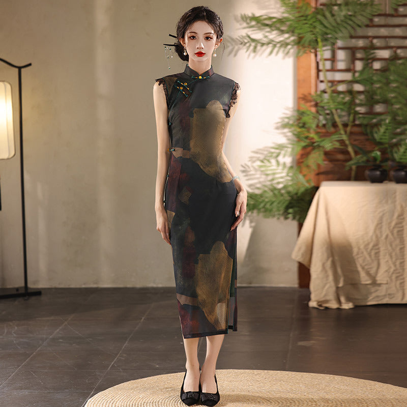Elegant Ink-Style Cheongsam Dress | Classic Chinese Design