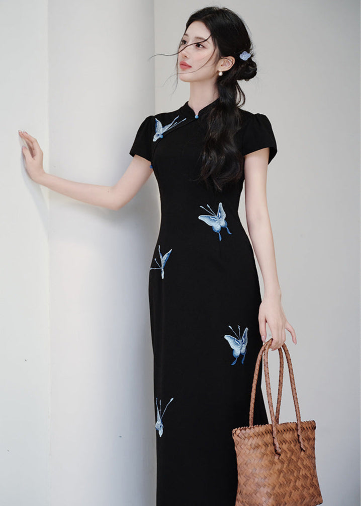 Black Butterfly Embroidered Slim Long Qipao | Side Slit