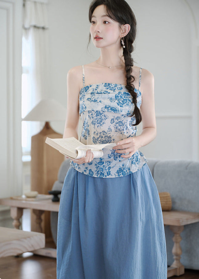 Chinese-Style Blue-and-White Camisole Set | Fresh Blue Sheer Midi Skirt