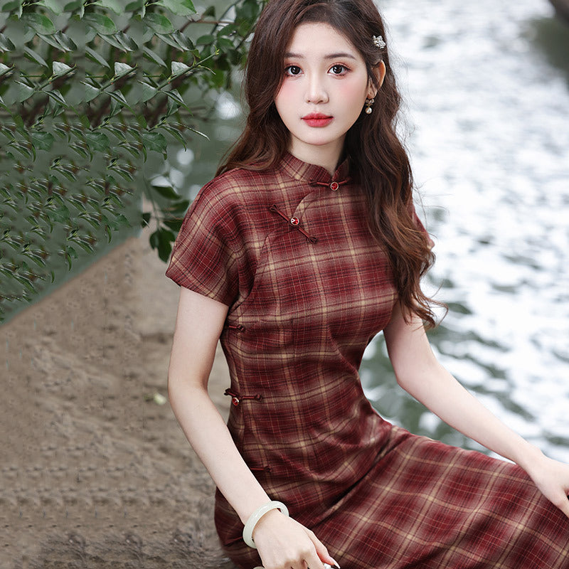 Elegant Plaid Cheongsam Dress Traditional Chinese Qipao for Women