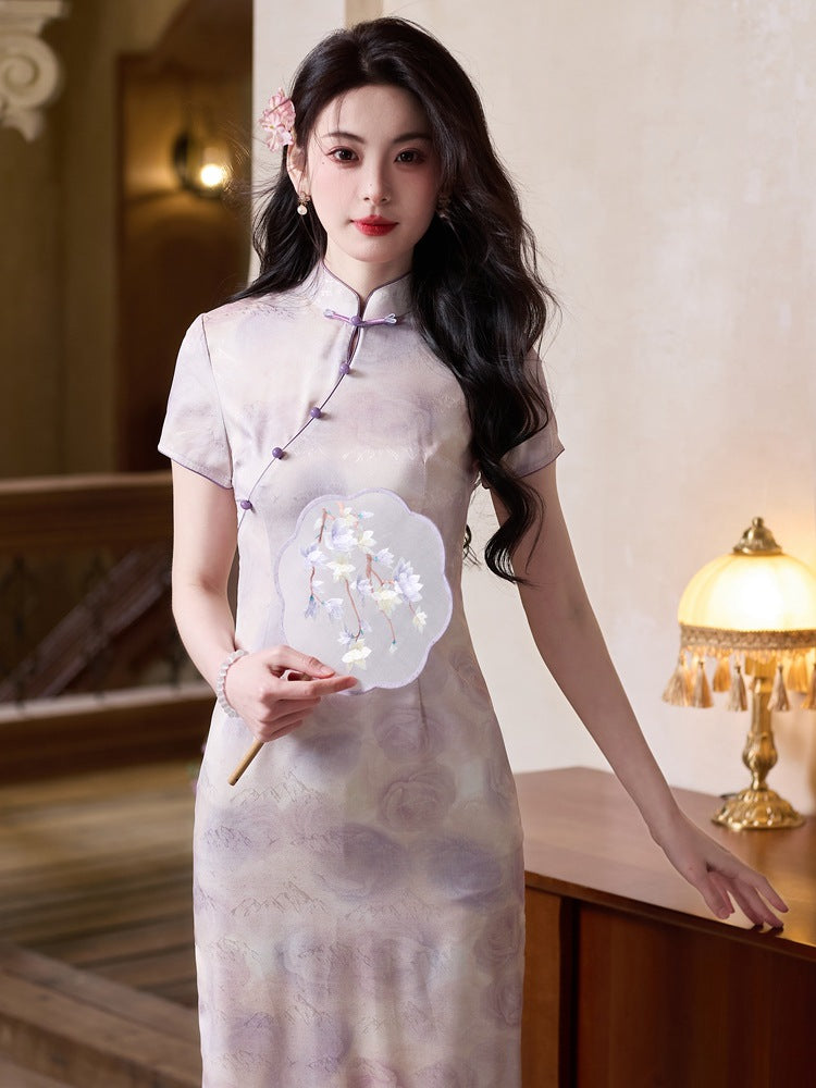 Mist-Lilac Jacquard Qipao | Slim Mandarin Midi Cheongsam
