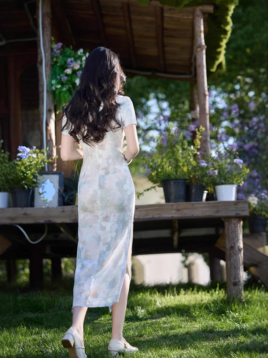 Fresh Watercolor Floral Qipao Long Dress | Short-Sleeve Slim Fit