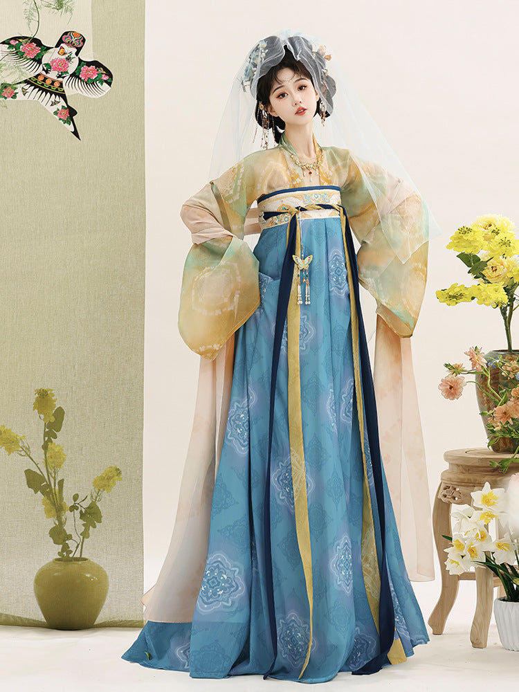 Traditional Chinese Hanfu Dress with Flowing Sleeves and Floral Embroidery