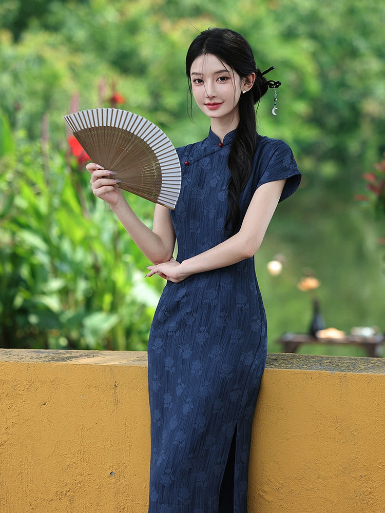 Navy Jacquard Vintage Elegant Qipao Dress | Cap-Sleeve Slim Long Gown