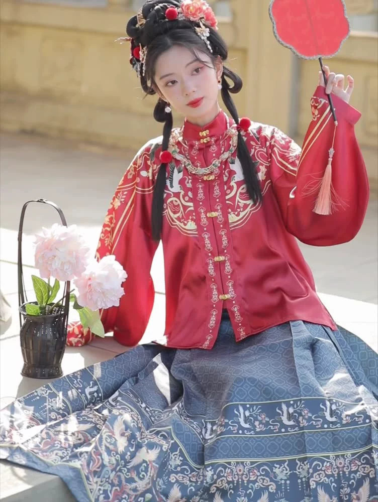 Elegant Red & Blue Traditional Hanfu Dress with Embroidered Phoenix Pattern
