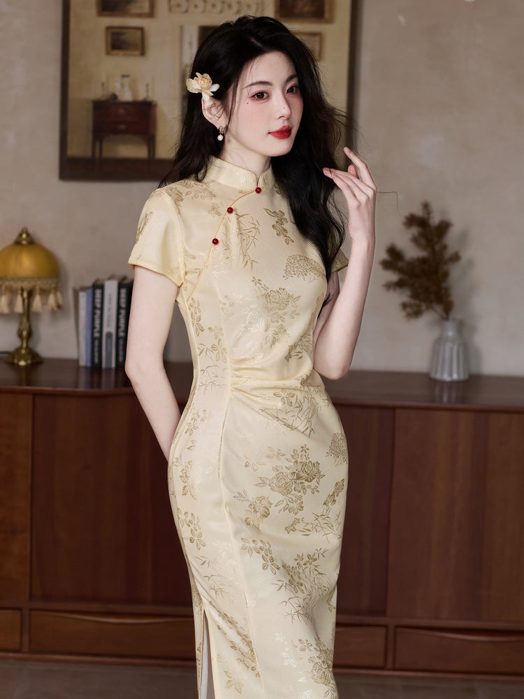 Yellow Jacquard Qipao | Slim Mandarin Collar Short-Sleeve Dress