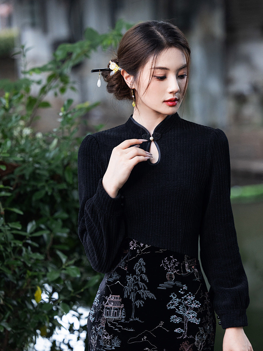 Winter New-Chinese Black Bodycon Dress
