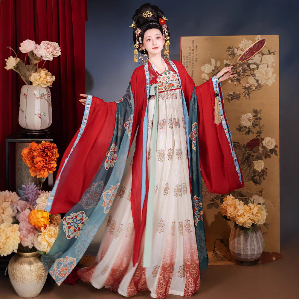 Elegant Embroidered Red Hanfu Dress – Traditional Tang Dynasty Style with Flowing Sleeves