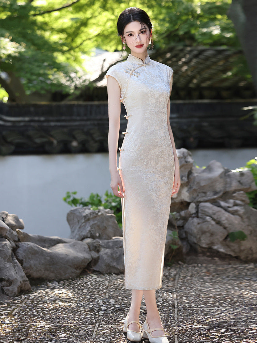 Beige Jacquard New-Chinese Sleeveless Qipao Dress | Sleek Elegant Maxi for Summer
