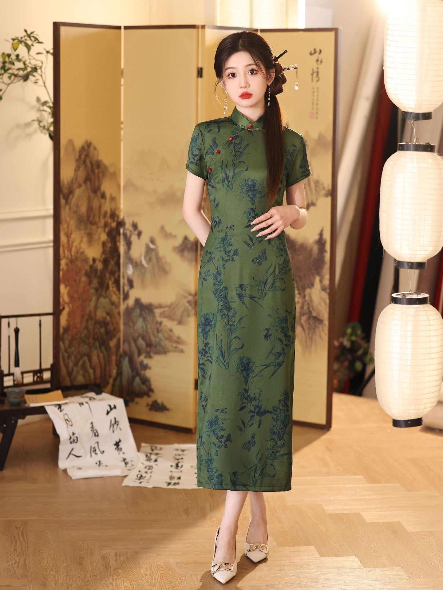 Summer Green Jacquard Qipao | Cap-Sleeve Long Vintage Dress