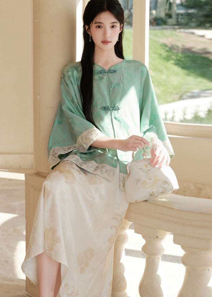 Modern Chinese Set | Brocade Frog-Button Cape Top & Maxi Skirt