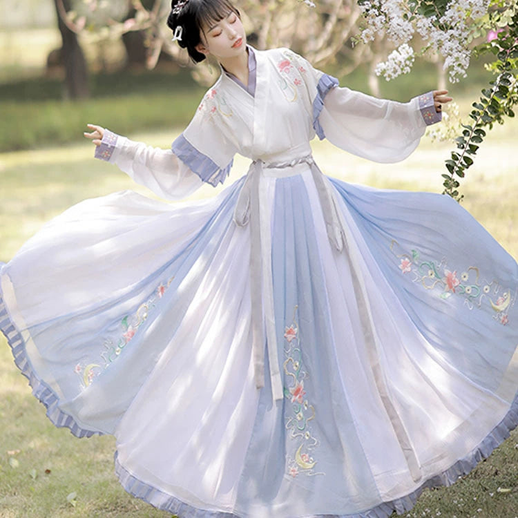 Floral Embroidered Song Dynasty Hanfu Dress – Flowing Chiffon Fairy Gown