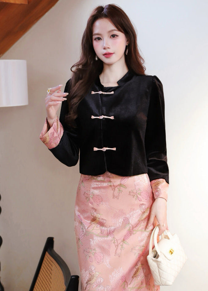 Embellished Frog-Button Top & Jacquard Skirt Set | New Chinese