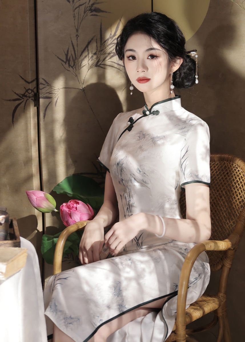 Slim Long Modern Cheongsam Dress | Mandarin Collar & Ink Landscape & Side Slit