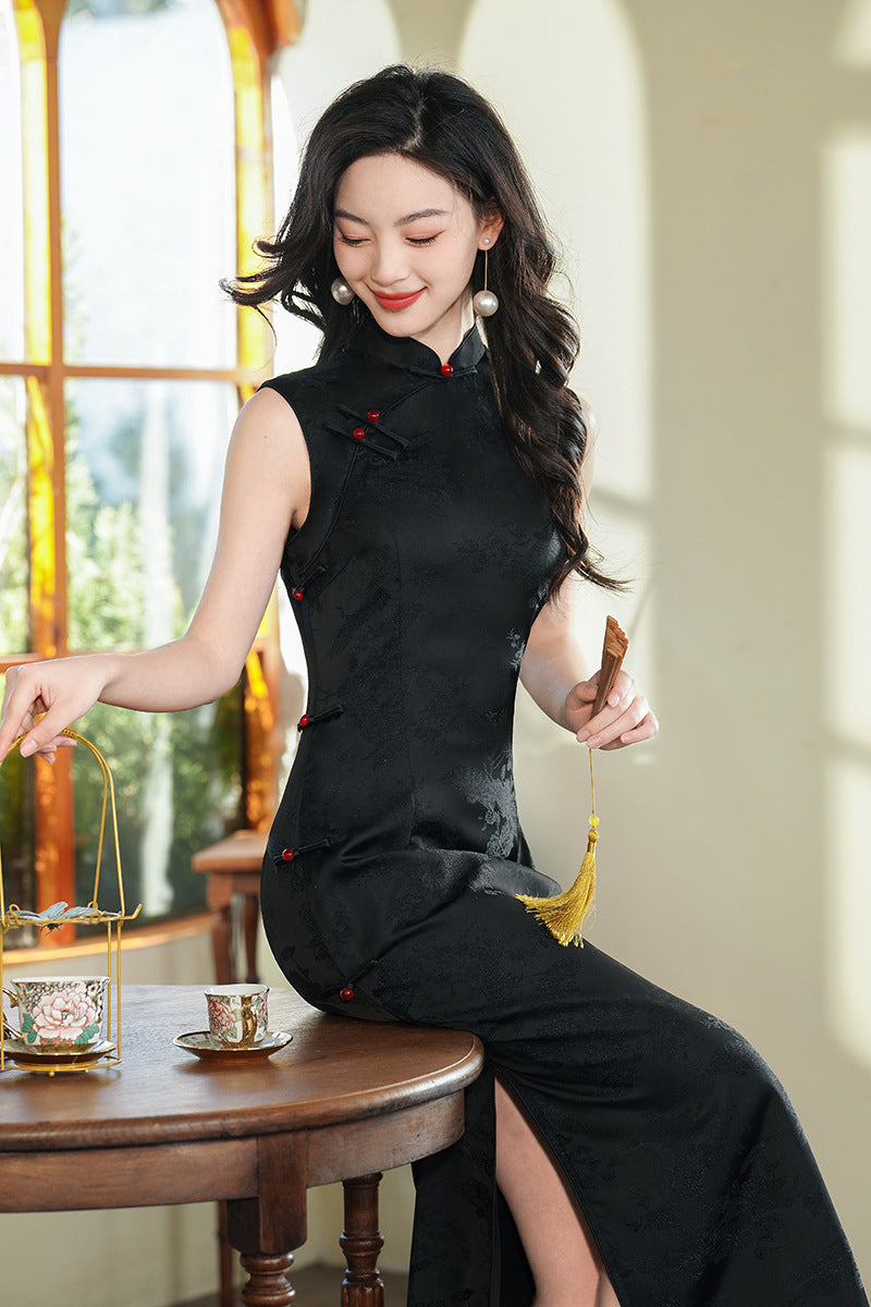 Vintage Black Double-Layer Jacquard Cheongsam Dress | Sleeveless