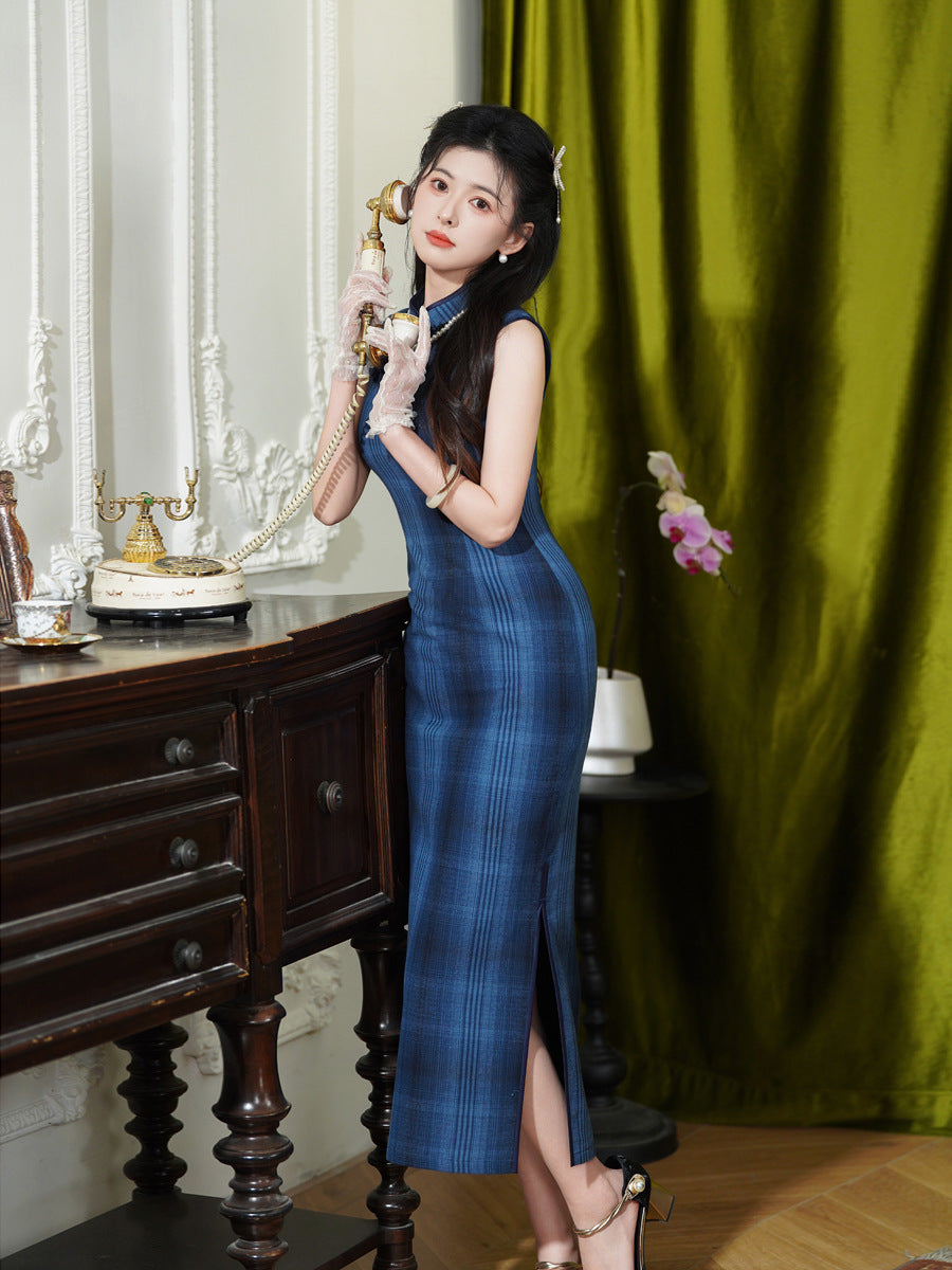 Summer Sleeveless Blue Vintage Qipao | Slim Fit Elegant Cheongsam Dress