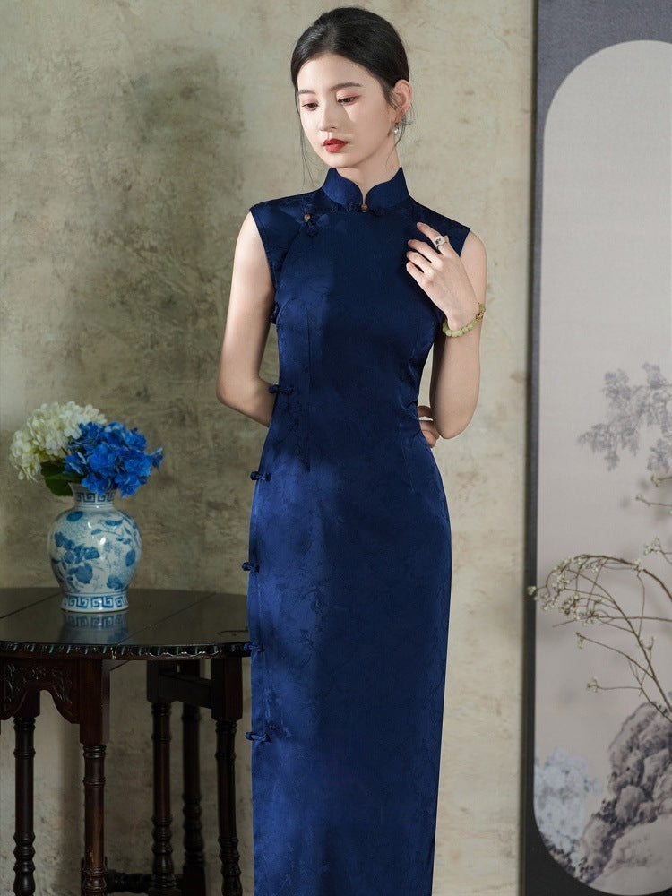 New Chinese Style Blue Sleeveless Full-Front Qipao | Traditional Elegant Floor-Length Design