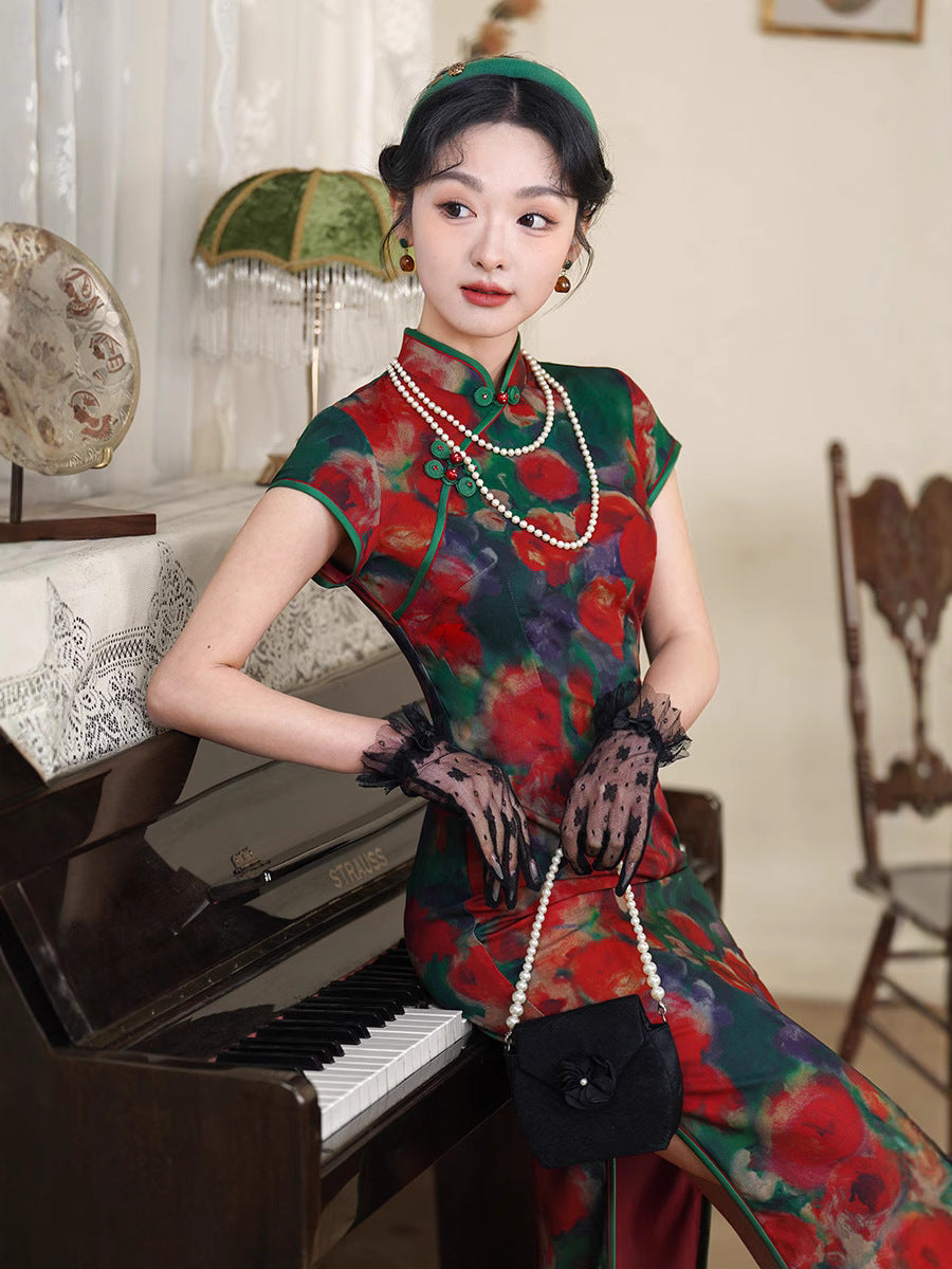 Vintage Oil-Paint Floral Qipao Long Dress | Red-Green Palette