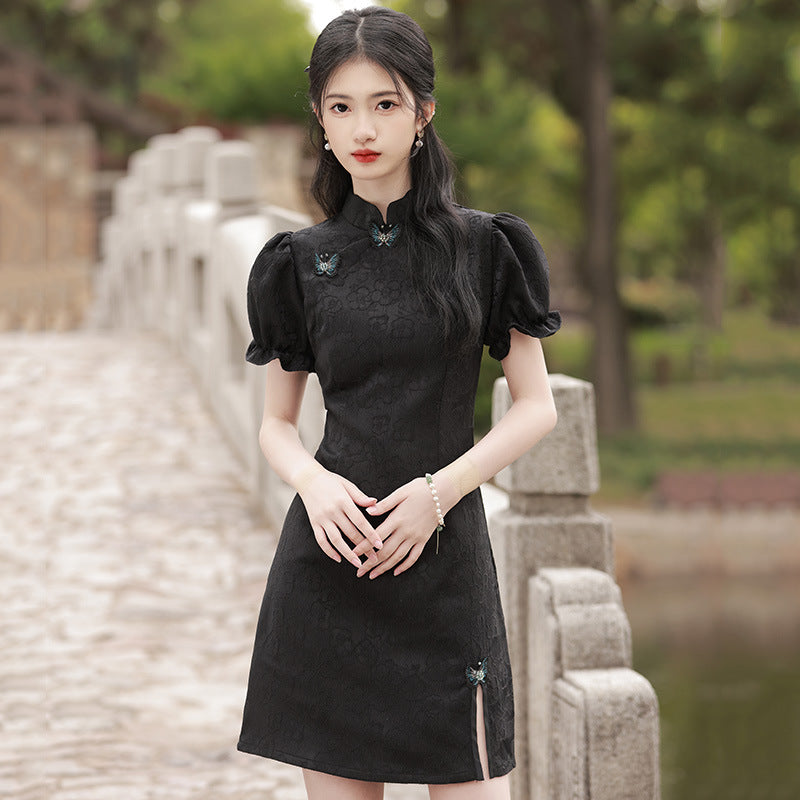 Elegant Black Chinese-Inspired Mini Dress with Puff Sleeves for Women