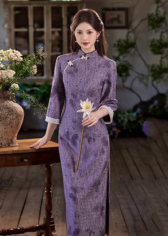 Purple Vintage Jacquard Qipao | Slim Mandarin Maxi