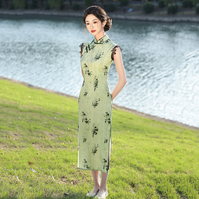 Elegant Vintage Sleeveless Cheongsam Dress – Floral Print Hanfu Qipao Gown