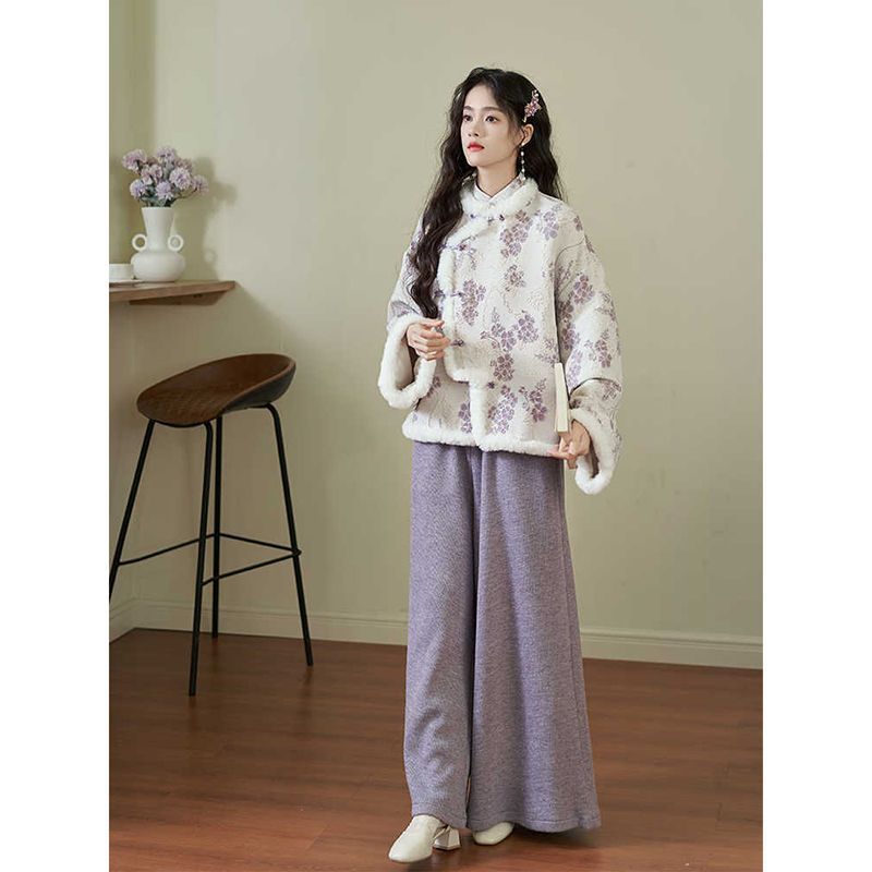 Floral Faux Fur Hanfu Winter Jacket – Elegant Traditional Style Outerwear