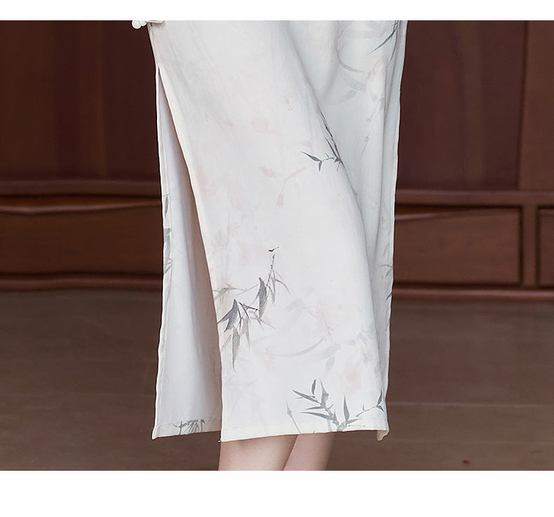 Summer New Chinese Style Slim Fit Qipao | Fresh Bamboo Print Long Dress