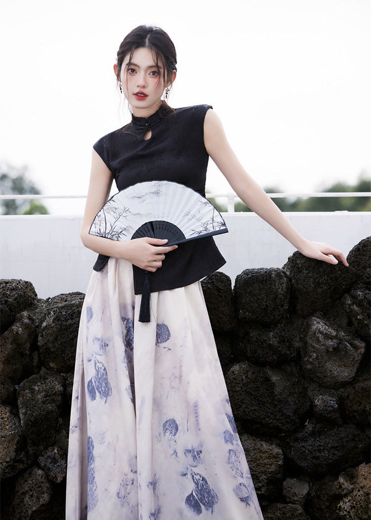 Modern Chinese Set | Sleeveless Mandarin Top & Ink-Print Maxi Skirt