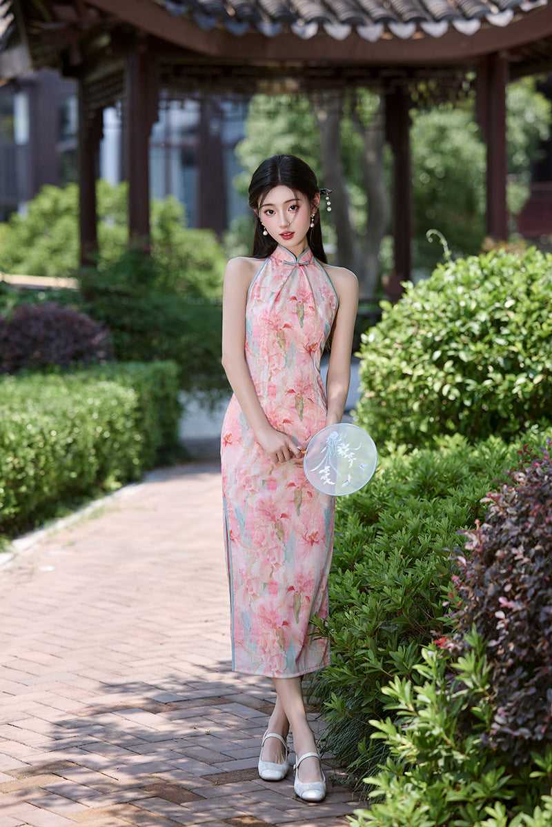 Sleeveless Slim Qipao | Watercolor Print Modern Cheongsam Maxi