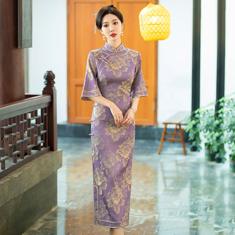 Elegant Purple Floral Brocade Cheongsam Dress with Mandarin Collar