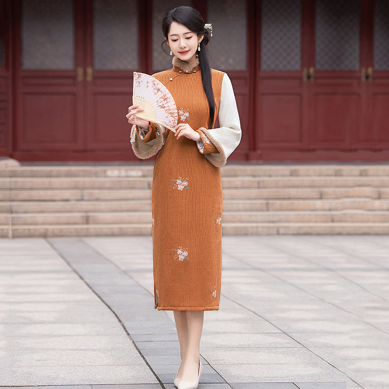 Vintage Embroidered Cheongsam Dress Elegant Hanfu Style Winter Qipao