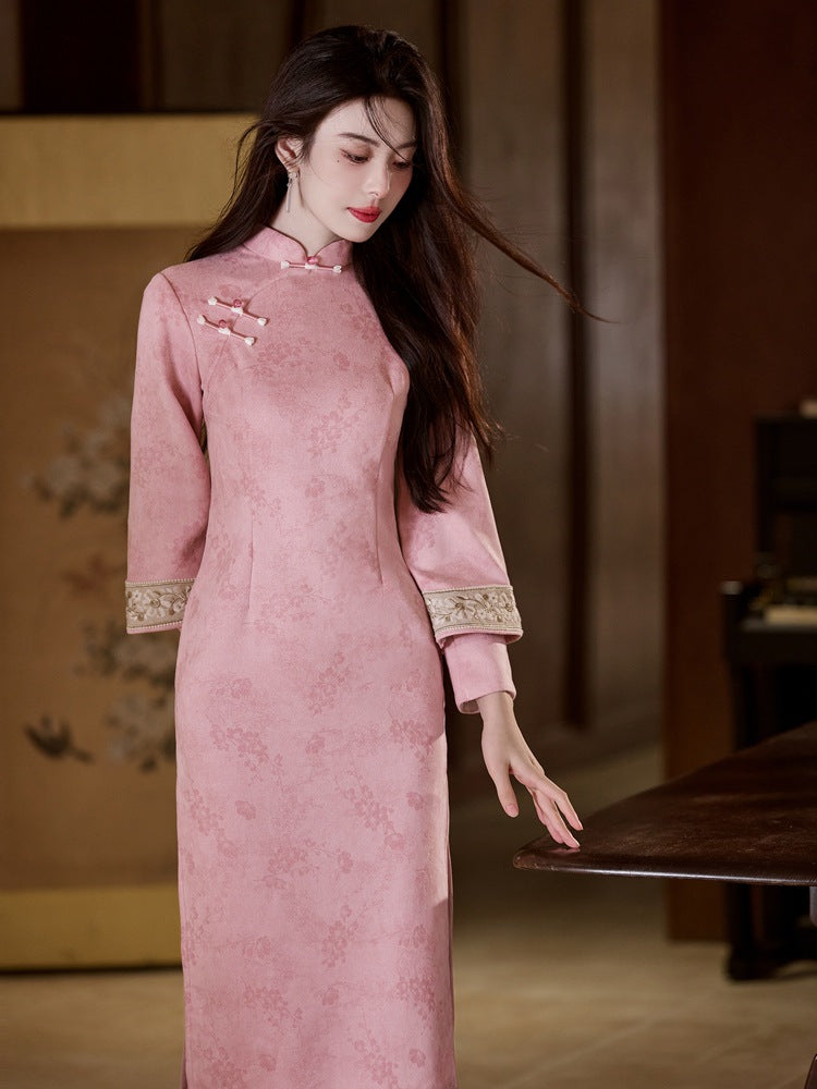 Jacquard Qipao | Mandarin Collar 3/4 Sleeve Midi Dress